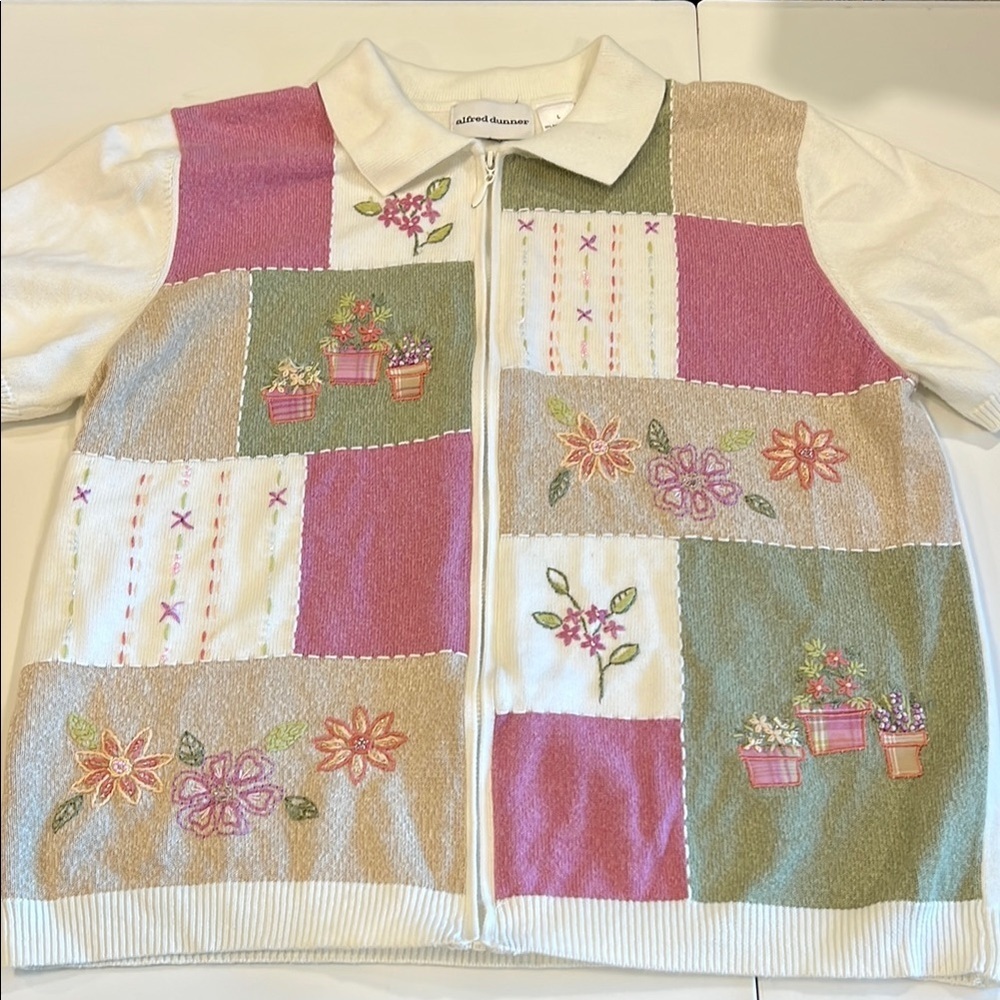 Alfred Dunner - Floral‎ Patchwork Cardigan in Pink, Green, and Cream, L